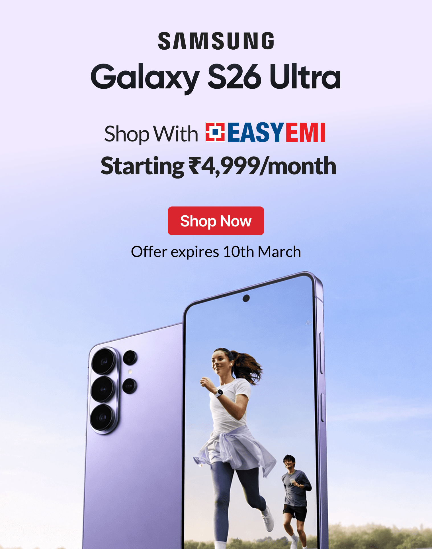 Shop Samsung S26 Ultra at ₹1,39,999* with additional savings of ₹7,000 & pay with HDFC Bank EasyEMI 