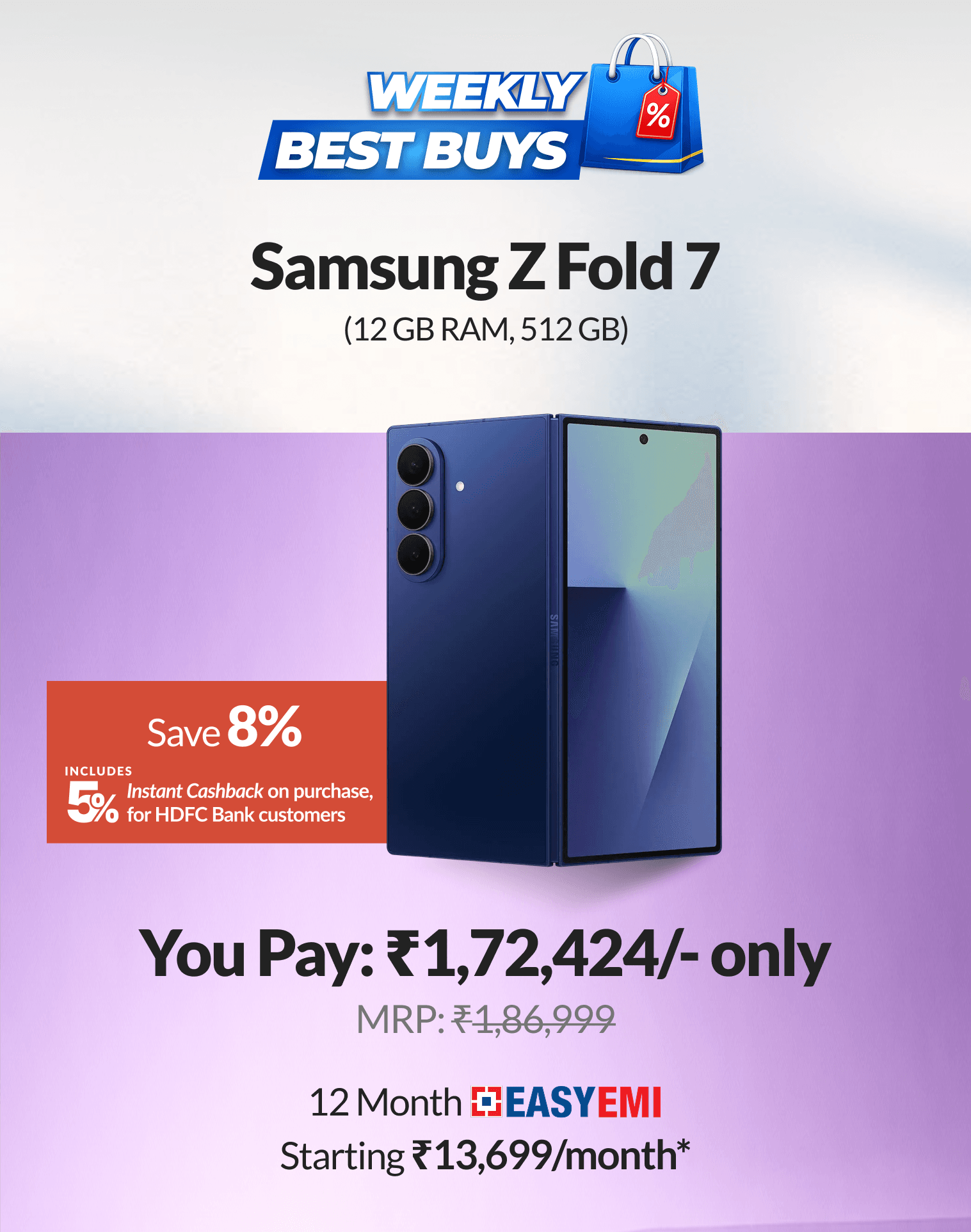 Lowest price on Samsung Z Fold 7 with ₹8,600 instant cashback & pay with HDFC Bank EasyEMI 