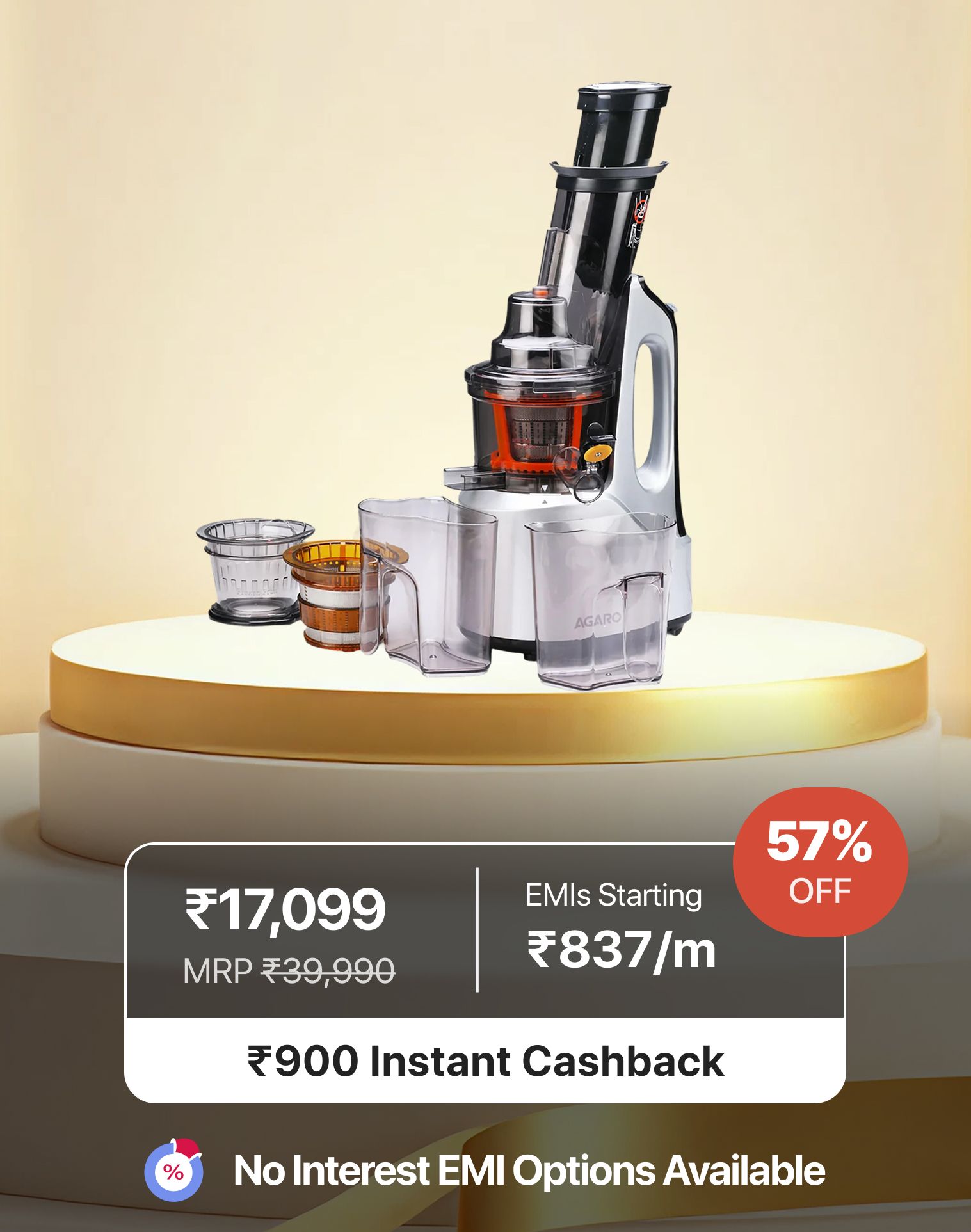 AGARO Royal Slow Juicer 240W Cold Press 3 Strainers Black