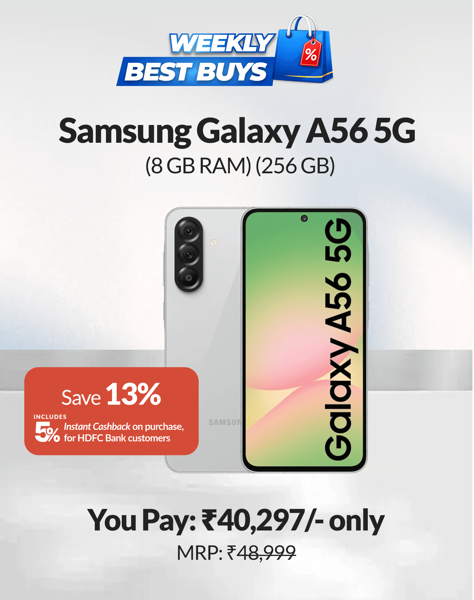 Shop Samsung A56 with HDFC Bank EasyEMI Starting from ₹1,437​