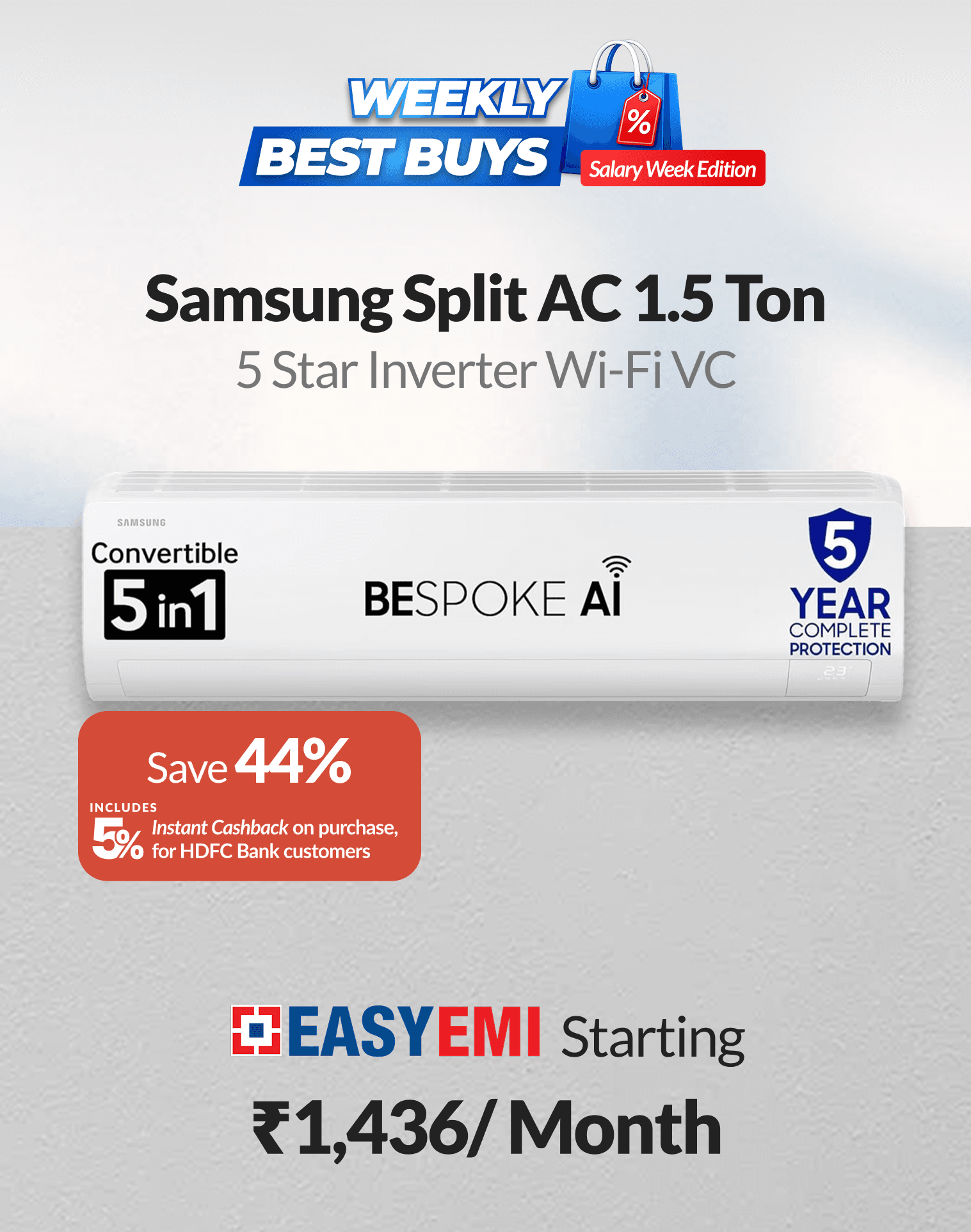 Shop now with 9 months No Interest HDFC Bank EasyEMI & earn ₹2,150 instant cashback