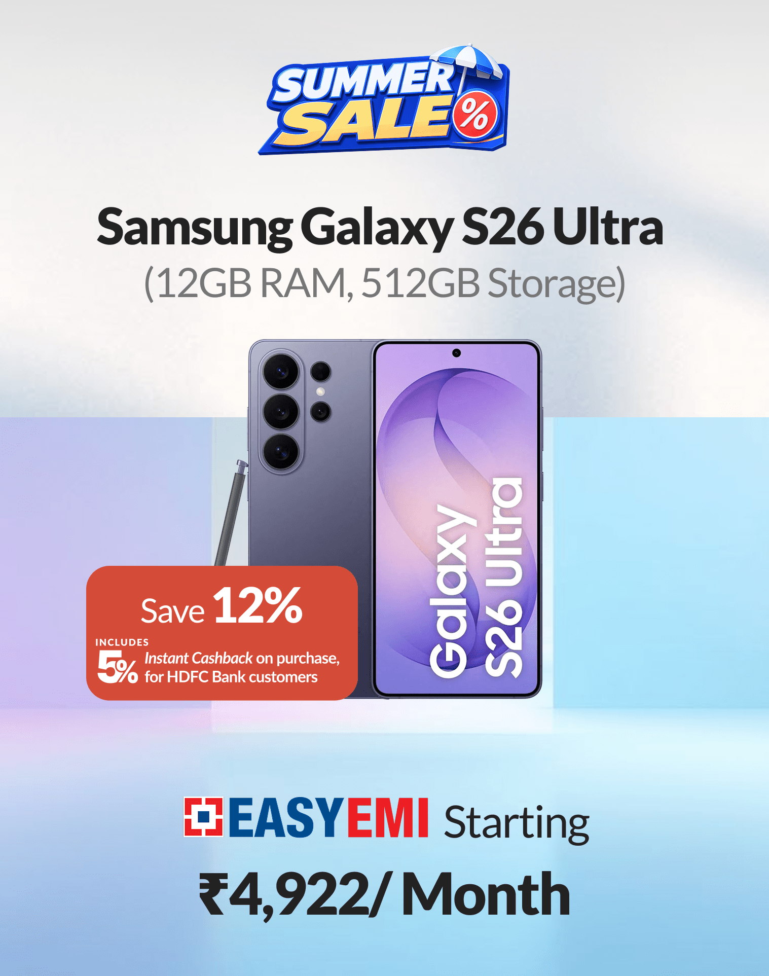 Shop Samsung S26 Ultra at ₹1,39,999* with innstant cashback of ₹7,368 & pay with HDFC Bank EasyEMI 