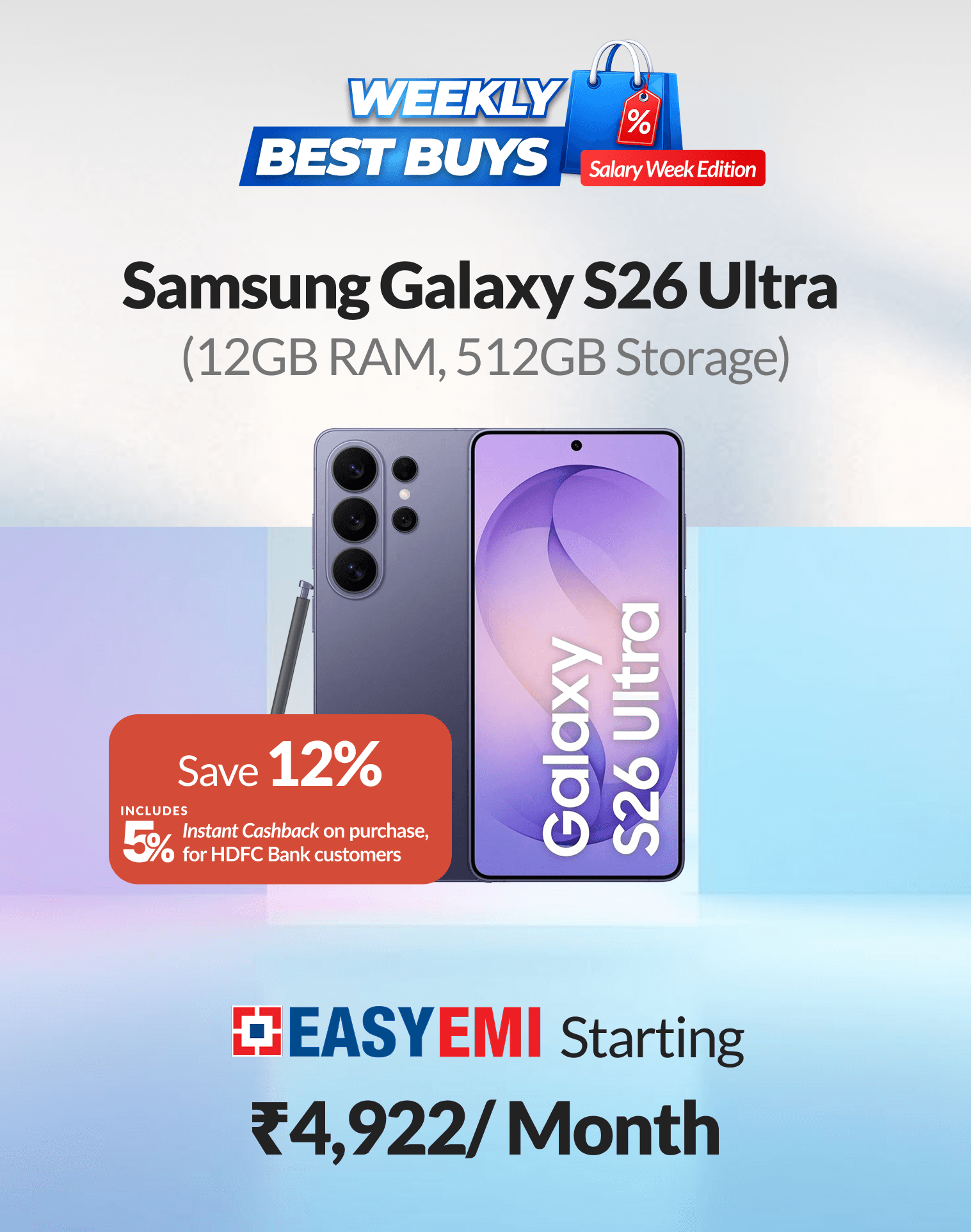 Shop Samsung S26 Ultra at ₹1,39,999* with instant cashback of ₹7,368 & pay with HDFC Bank EasyEMI 