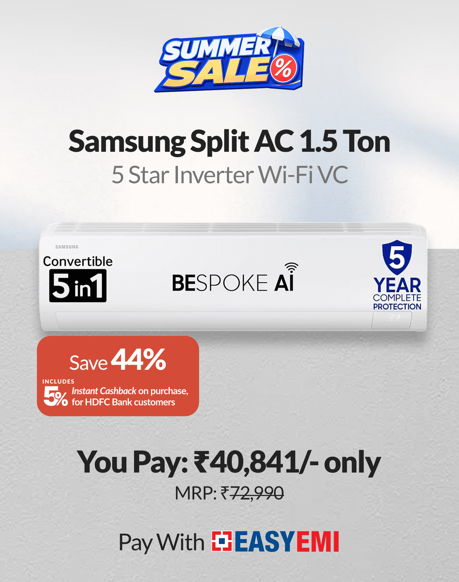 Shop now with 9 months No Interest HDFC Bank EasyEMI & earn ₹2,150 instant cashback