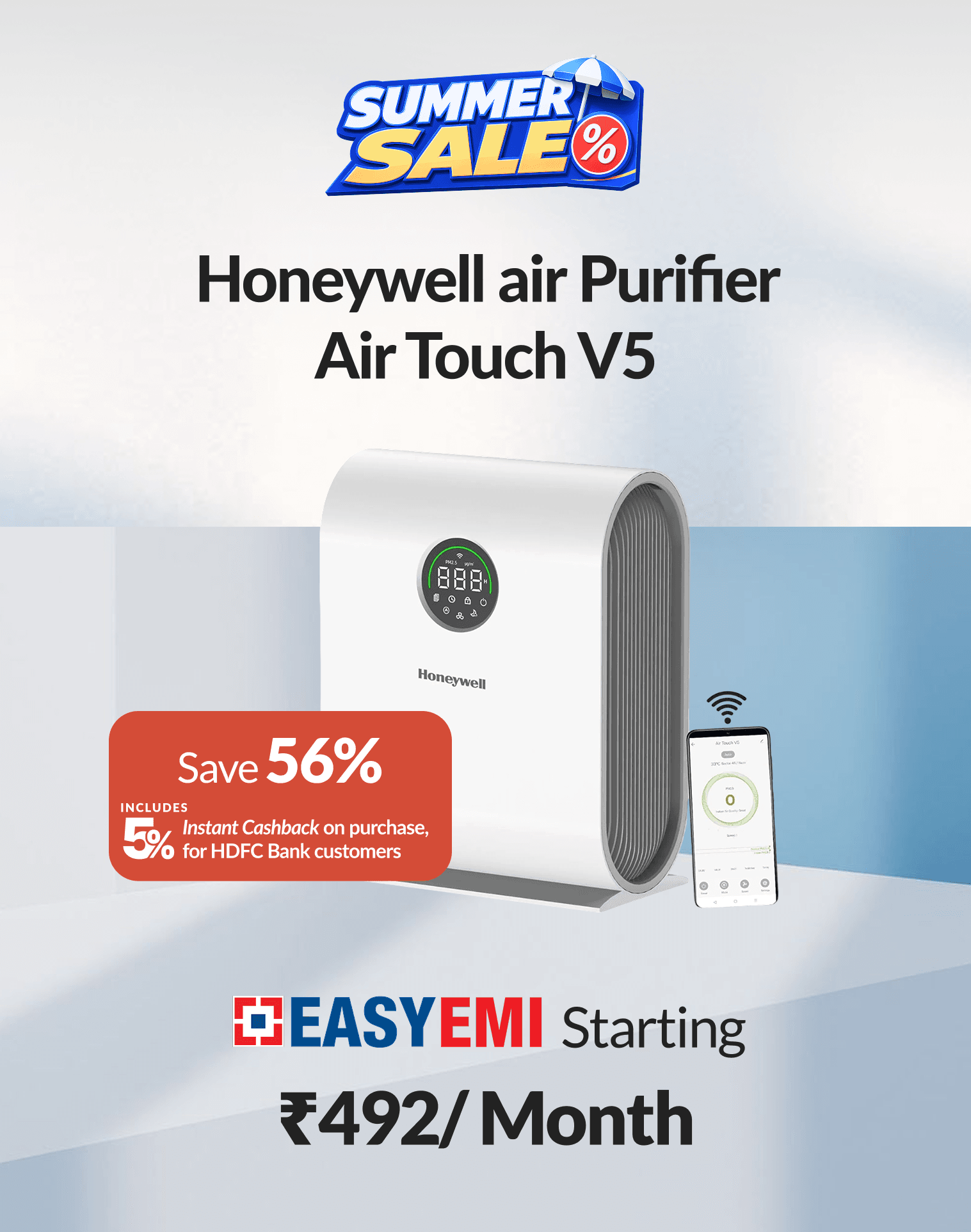 Shop Honeywell V5 Air Purifier @10,057/only and earn ₹529 instant cashback. Pay with No interest* HDFC Bank EasyEMI
