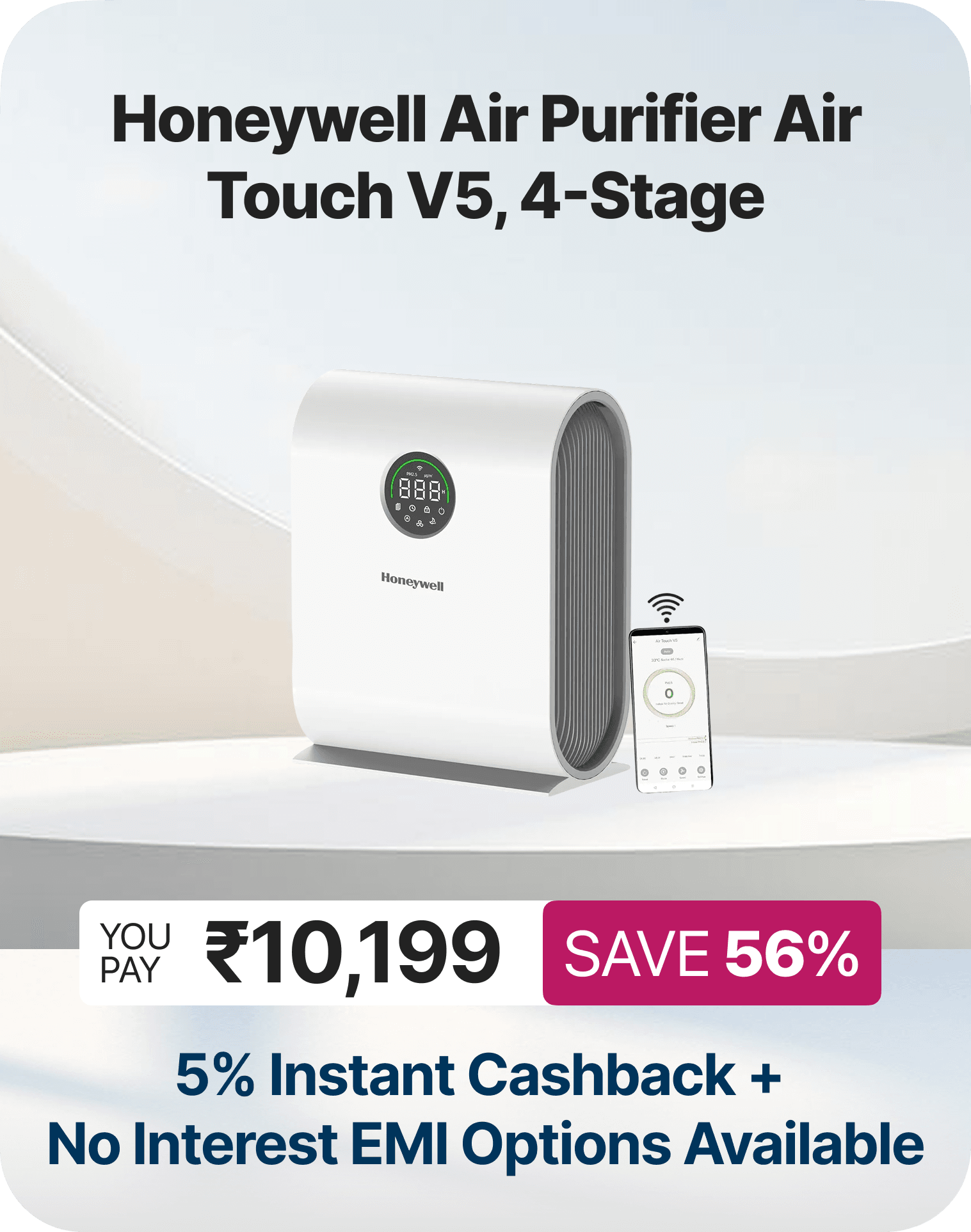 Honeywell Air Purifier Air Touch V5, 4-Stage Filtration, H13 HEPA, Wi-Fi & Voice Control, 589 sq.ft Coverage, AQI LED Display