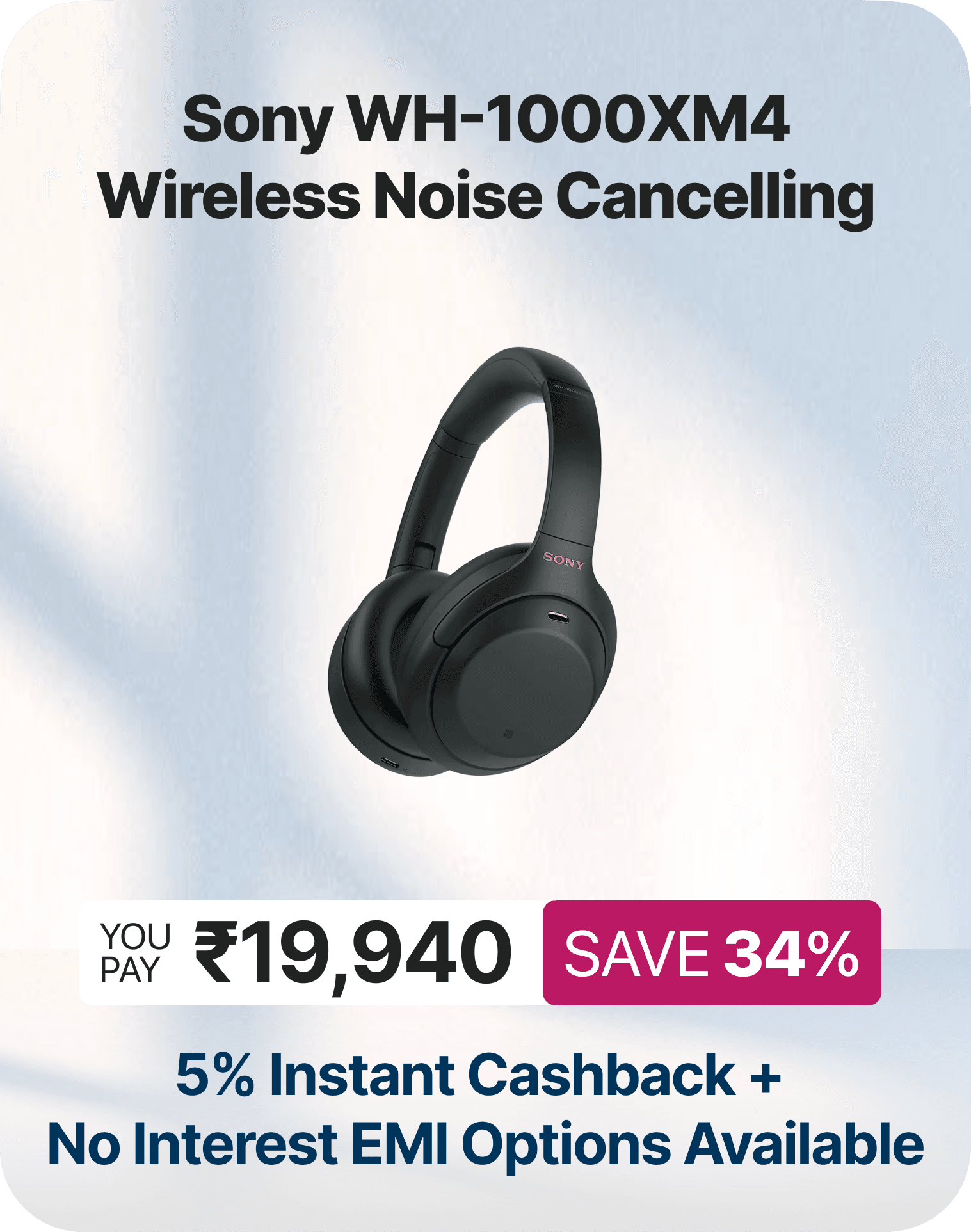 Sony WH-1000XM4 Wireless Noise Cancelling Over-Ear Headphones with Mic, Hi-Res Audio, 50H Battery, Black